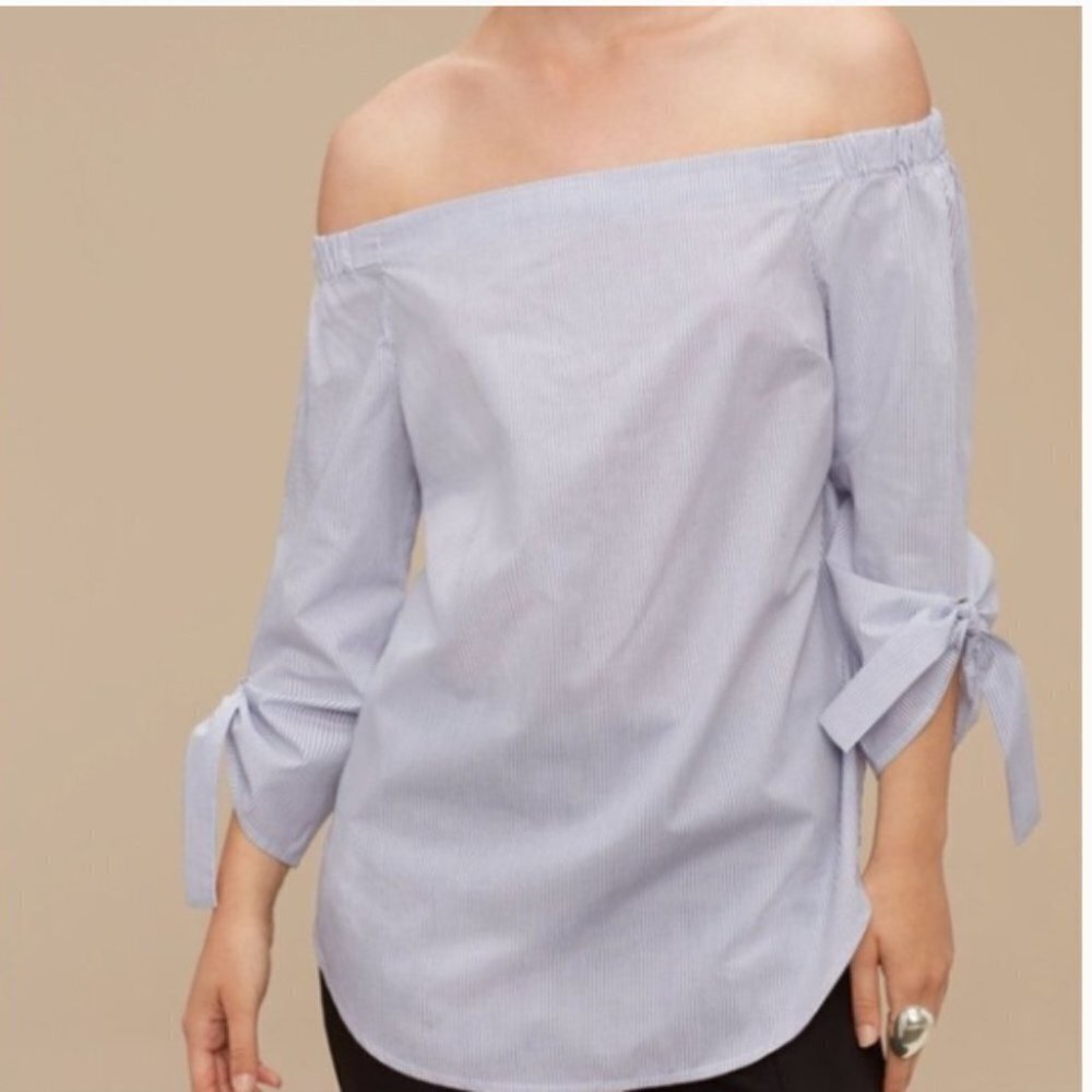 Aritzia Babaton Malik off the shoulder blouse, blue &  white stripes 100% cotton